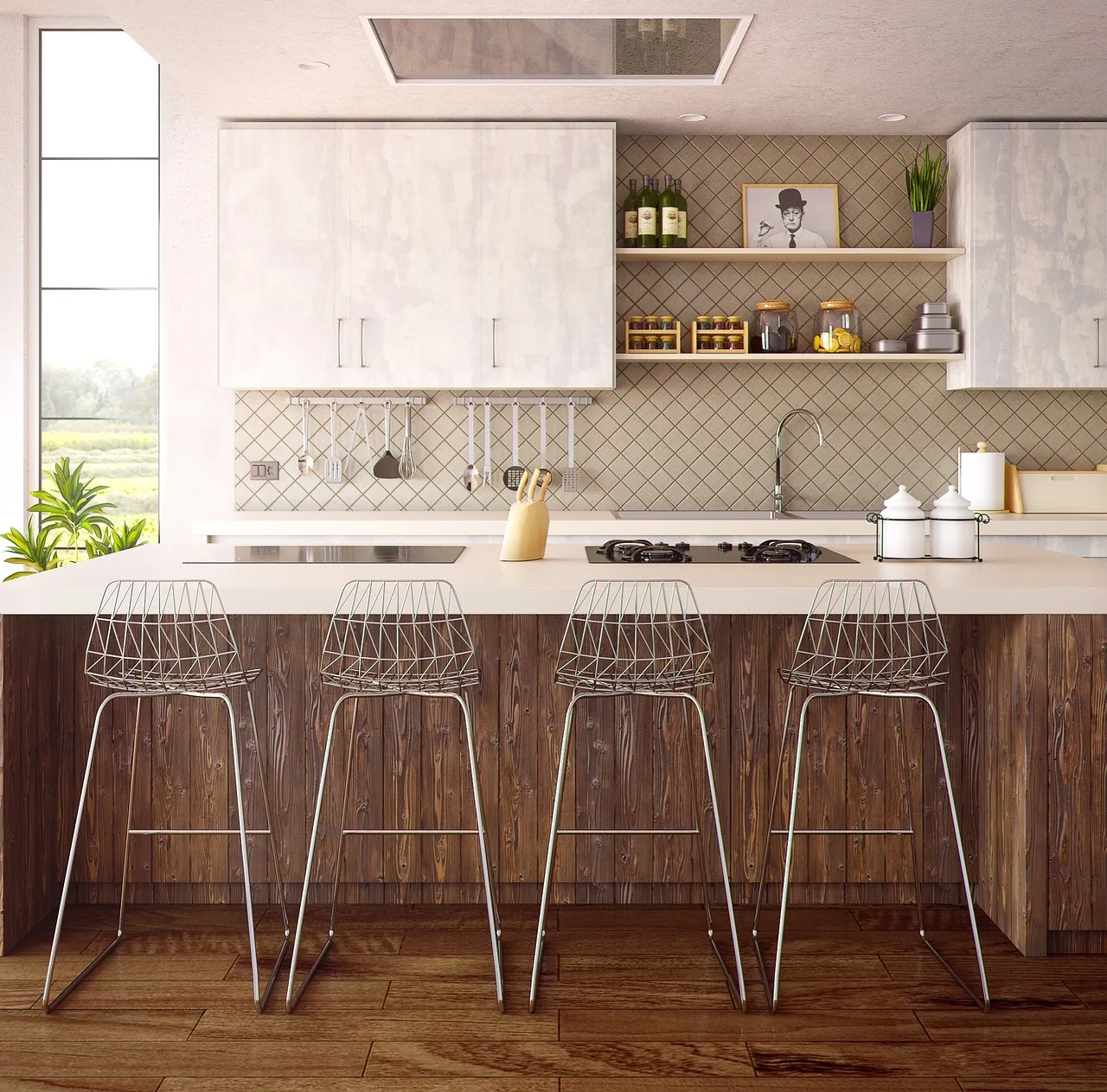 kitchen island with 4 bar stools and white cabinetry on the wall behind